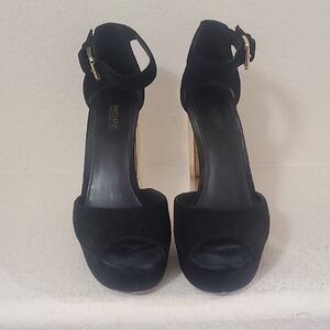 Michael Kors Black Suede Platform Ankle-Strap Sandals with Gold Heel